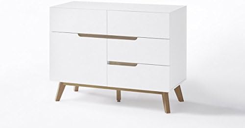 CEERVO Sideboard with four draws and one compartment – high gloss lacquered white finish with oak veneer – 60’s retro style