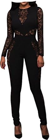 TYFeng Women's Sexy Long Sleeve High Waist Lace Party Clubwear Bodysuit Romper Jumpsuit (Black, XL)