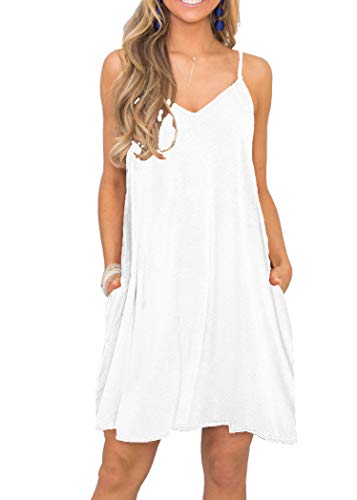 MISFAY Women's Summer Spaghetti Strap Casual Swing Tank Beach Cover Up Dress with Pockets (S, White) - Thumbnail 3
