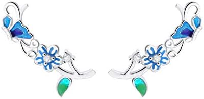 Hehong Wrap Climber Earrings Blue Butterfly Flower Crawler Cuff Sterling Silver Jewellery for Women and girls