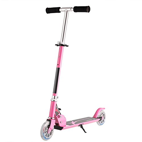 Foldable Kick Scooter for Kids Smooth & Safety - 2 LED Light Up Wheels - Minimizes Noise + Vibration - Height Adjustable Perfect Gift for Child (Pink)