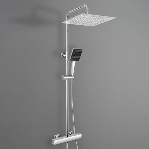 Auralum Chrome Thermostatic Shower Column with Mixer, Complete Set Rainshower 30 cm Stainless Steel, Adjustable Rod 88-124 cm and Hand Shower with 6 Modes of Use, Complete Shower Head