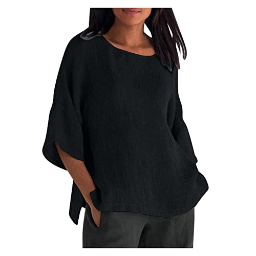 Gauze Shirts for Women 3/4 Sleeve Cotton Linen Tops Loose Fit Crewneck Tunic Blouses 2026 Plus Size Summer Tops
