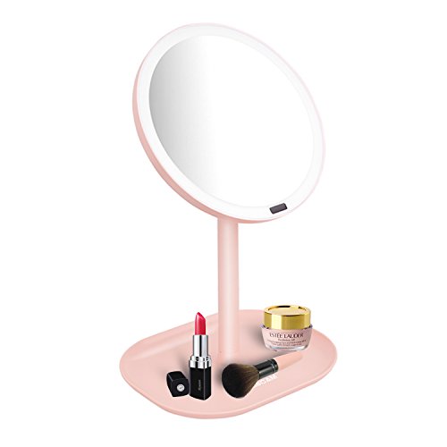 Vanity Mirror with Vanity Lights Makeup Mirror with Infrared Body Sensor LED Lighted Make Up Mirror 360 Degree Free Rotation Table Countertop Vanity Mirrors (Pink)