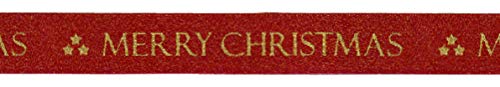 Eleganza Satin Merry Christmas Glitter Wired Edge 25mm x 10m Burgundy/Gold