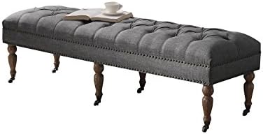 RoseveraBerta Upholstered Polyester Tufted Top with Nailhead Rectangular Bench for Living Room Footrest Bedroom Entryway, Large, Grey with Caster