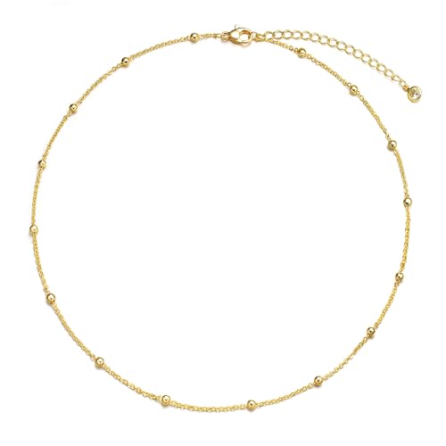 Tewiky Gold Chain Necklace for Women, 14k Gold Plated Thin Beaded Wave Box Chain Necklace Dainty Gold Necklace Simple Layered Gold Choker Necklaces Minimalist Gold Link Chain Necklace Trendy Jewelry for Women