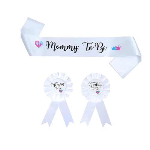 Haceolhada 3Pcs Baby Shower Decorations Mommy to Be Sash Baby Shower Sash Mommy and Daddy to Be Pins White Gender Reveal Decorations Gender Reveals Gift for Mom and Dad to Be