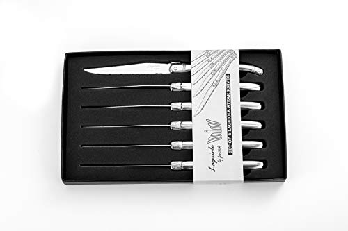 [Set of 6]Steak Knives,Silverware Set,FANTECK 18/10 Stainless Steel Serrated Sharp Light Premium Laguiole Dishwasher Safe Polished Table Dinner Cutlery Flatware Kitchen Steak Knives Gift Box-Silver 9" - Thumbnail 5