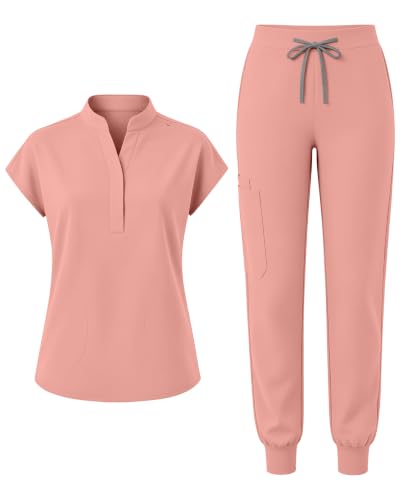 Reinwaete Scrubs for Women Set, Stand Collar Top & Jogger Pant 8 Pockets at Amazon