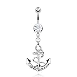 Nautical Anchor Gemmed Belly Ring 316L Surgical Steel 14g Dangle Navel Ring (Clear)