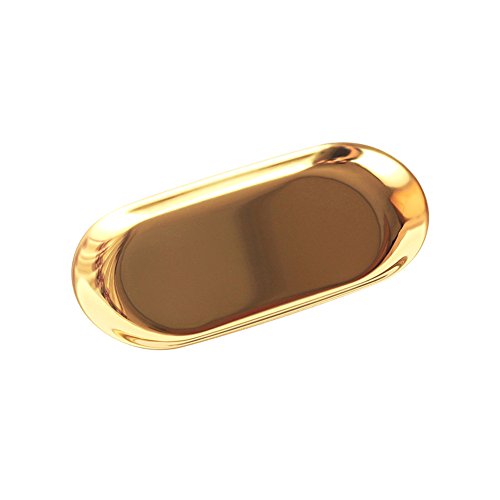 Winrase Oval Stainless Steel Jewelry Storage Tray Towel Holder Tray Fruit Dessert Tray Cosmetics Organizer,Gold (Small-7.0 x 3.3 x 0.5")
