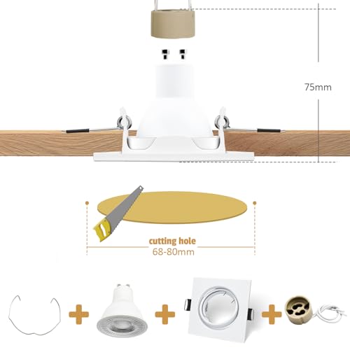 LteelDay 12 x LED Recessed Frames with GU10 Lampholders, Square White Matt in Metal, Cutout 68-80 mm, Rotatable 30°, Incl. GU10 Lamp Holder for LED or Halogen Bulbs