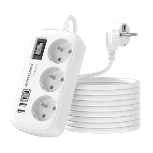 3 M Electric Extension Cord with 4 USB (2 USB-C), 3 Sockets with Switch, Wall Mount Surge Arrester for Home Office, White 16A/4000W
