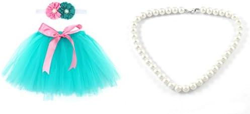 Newborn Photography Prop Bundle -1 Teal Tutu with Pink Ribbon- 1 Flower Headband -1 Simulated big pearl necklace (Teal Tutu)