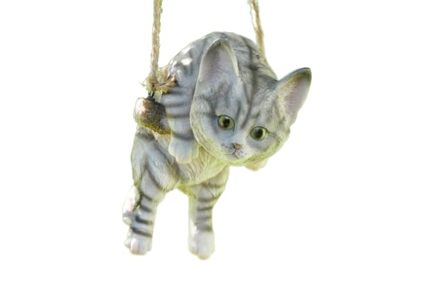 Swinging Cat Animal Resin Ornament Garden Tree Fence Sculpture Cute Tabby Kitten Grey Colour Hanging Gift