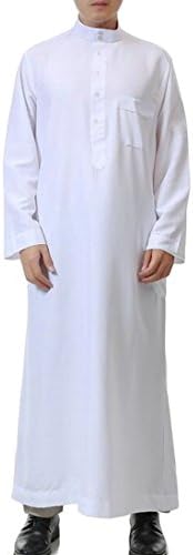 WAWAYA Mens Long Sleeve Stand Collar Solid Casual Button Muslim Arab Thobe Thawb Caftan
