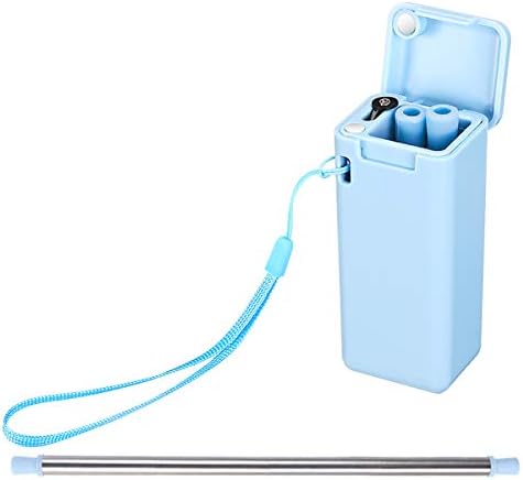 PUCKWAY Collapsible Reusable Straw, Stainless Steel Foldable Drinking Straws, Food Grade Silicone Metal Straws with Portable Case Cleaning Brush and lanyards (Blue)