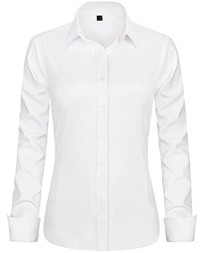 J.VER Women's White Long Sleeve Plain Dress Shirt Fitted Stretch Executive Formal Shirt Blouse with Single Cuff L
