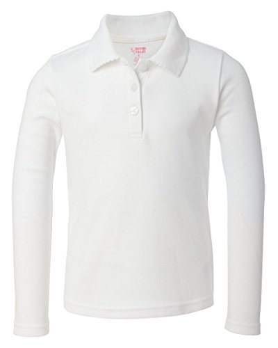 French Toast School Uniform Girls Long Sleeve Polo Interlock with Picot Collar, White, X-Large (14/16)