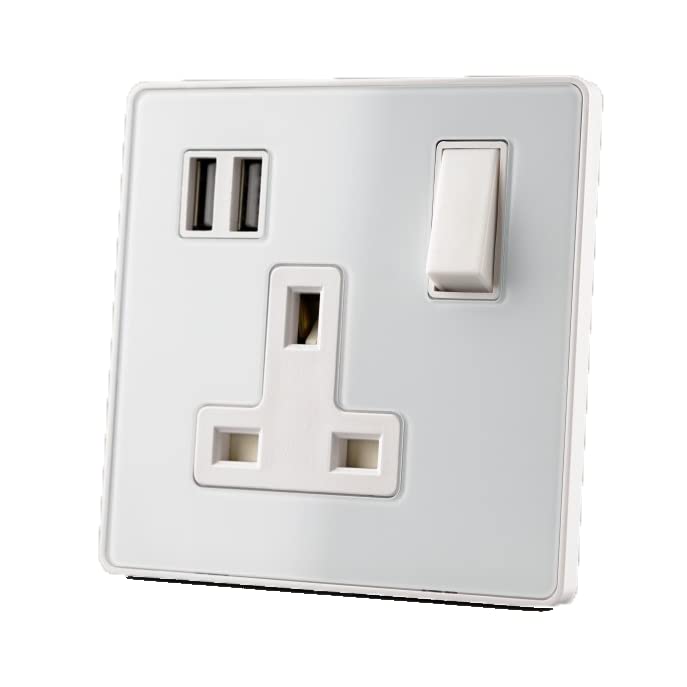 Glass Screwless - 13A 1Gang Switched USB Socket (2400mA) - WHITE