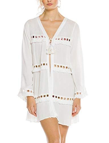 Bsubseach Women Long Sleeve Lace-up Tassel Short Kimono Cardigan Hollow Out Open Front Beachwear