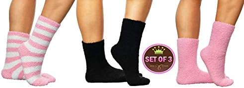 ARAD Premium Soft Warm Microfiber Fuzzy Socks-Multi Color- 3 Pairs- Striped Baby Pink, Black and Solid Baby Pink