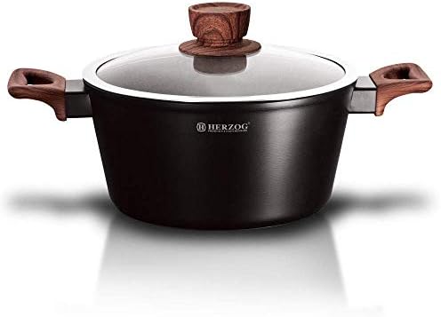 Cast aluminium cooking pot, ceramic, non-stick, suitable for induction, deep casserole stewing pan, 28 cm, oven-safe, 6.2 L, wooden-look, black edition black