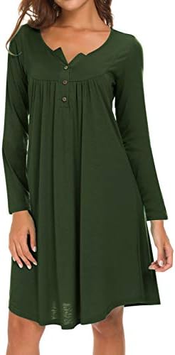 Eanklosco Womens V Neck Dress Casual Swing Simple Ruffle Button up Loose Dresses Long Sleeve
