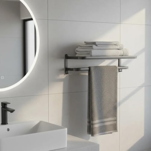 Toalheiro Duplo com Prateleira de Aço para Banheiro Porta Toalha de Parede | Suporte para Toalhas de Luxo Moderno, Resistente à Umidade | Instalação Parafusada ou Adesiva | Preto/Cinza Escuro