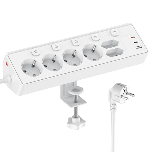 Desktop Power Strip with USB C (PD 30W), Individual Switches Desktop Power Socket, Surge Protection Sockets, 2 Meter Cable for Home Office, 2 M Cable, White