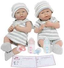 JC Toys Realistic 15" Boy and Girl Twin Dolls with Grey Stripe Pajamas