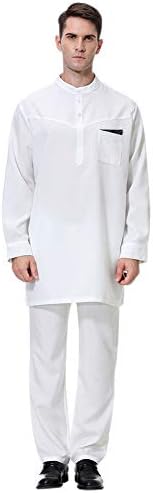 Moberlin Men Muslim Dubai Robe - Long Sleeve Top with Trousers Saudi Arab Thobe Islamic Clothing Round Neck