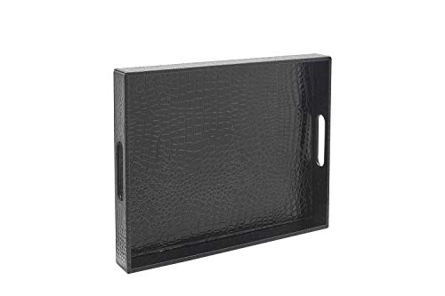 Decor Trends Glossy Extra Large Black Rectangle 18''X 14'' Croc Faux leather Decorative Ottoman Coffee Table Serving Trays With Handles For All Occasions