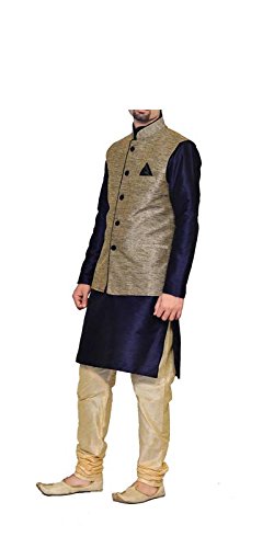 inyour men's silk black waiscoat,dark blue kurta,gold pajama set_inyour-tr3167wcp
