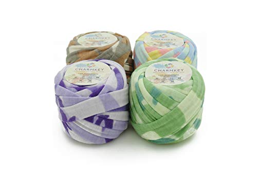 Pappardelle Multicolor Tshirt Yarn - Charmkey 95% Polyester 5% Spandex Fabric 4 Different Design 7 Jumbo Fashion Knitting Cloth for Crocheting Bags Bowls DIY Handicraft,Pack of 4 Skeins, 1.41 OunceÃ—4