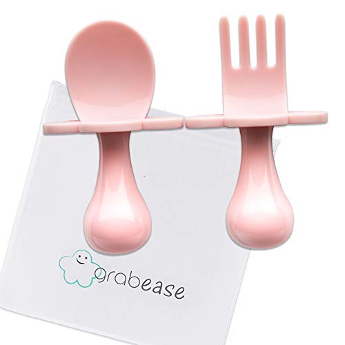 GRABEASE First Self Feed Baby Utensils with a Togo Pouch - Anti-Choke, BPA-Free Baby Spoon and Fork Toddler Utensils - Toddler Silverware for Baby Led Weaning Ages 6 Months+, Blush