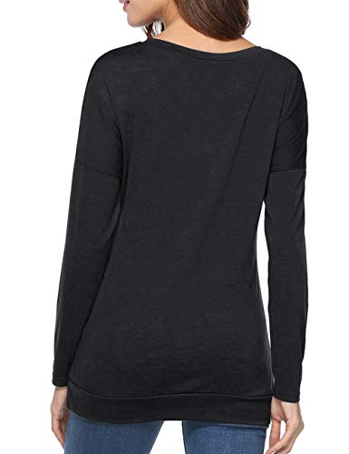 Weilim Women's Casual Blouses T-Shirt Round Neck Long Sleeve Loose Button Decor Top Black M