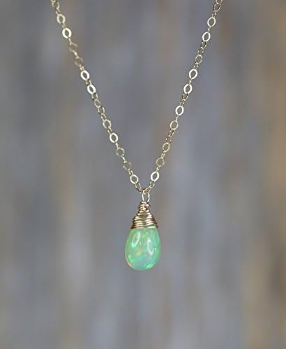 Genuine Green Opal Teardrop Pendant Necklace Ethiopian Welo Opal Gold -17" Length