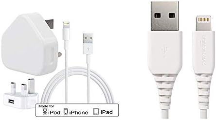 EntityTradePark - [Premium Quality Replacement Charger White 3 Pin Main UK CE Approved USB Plug Charger & AmazonBasics Lightning to USB A Cable for iPhone and iPad - MFi Certified - 3 Feet - 2 Pack