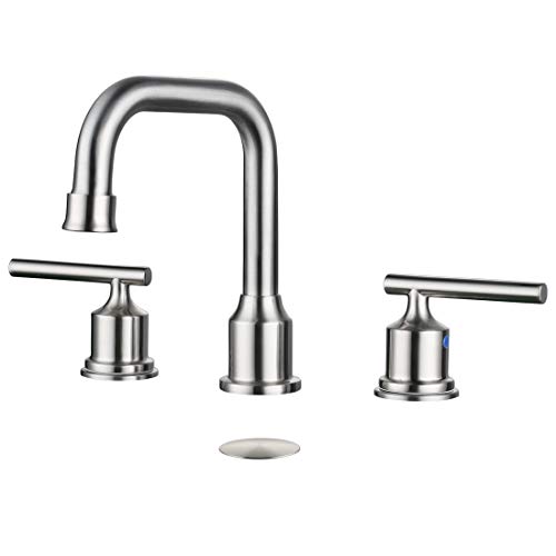 WOWOW 2 Handles Widespread High Arc Bathroom Faucet Brushed Nickel Lavatory Faucet 3 Hole 360°Swivel Spout Modern Sink Basin Faucets with Pop Up Drain Stopper