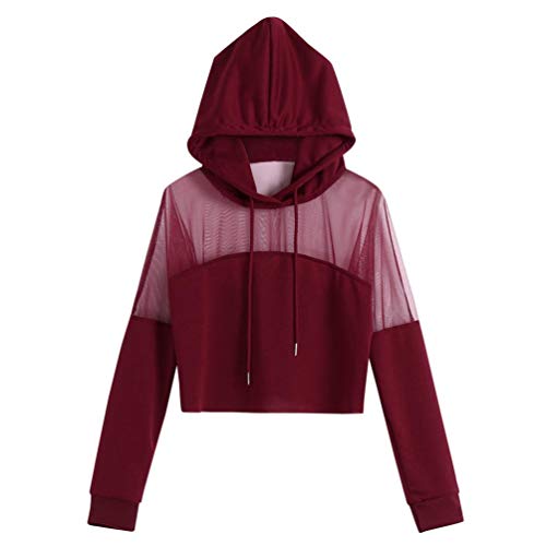 ManxiVoo Women's Mesh Pachwork Sweatshirt Jumper Long Sleeve Pullover Hoodie Tops Blouse Dance Sports (M, Wine Red)