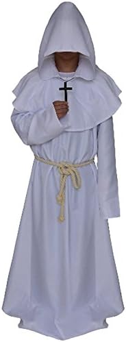 Centeroy Men's Halloween friar Medieval Hooded Monk Renaissance Priest Robe Cloak Costume XL White