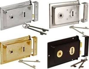 Ironmongery World Old Victorian Style Double Handed Flanged Rim Door Lock Latch 6" x 4" in 4 Finishes - Polished Brass