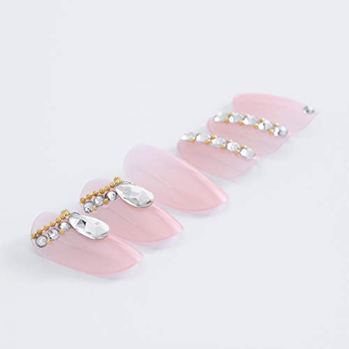 Yalice 24Pcs Pink Glossy False Nails Crystal Full Cover Medium Oval Fake Nails Nude Wedding Party Nail for Women and Girls