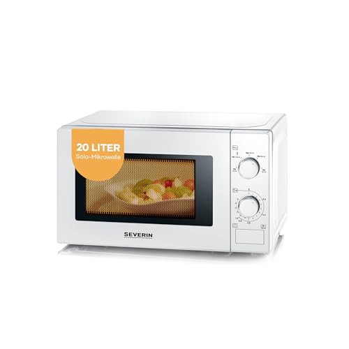 SEVERIN Solo-Mikrowelle, zum Auftauen und Erhitzen, Mikrowellengerät mit Drehteller für gleichmäßige Wärmeverteilung, 20L, weiß/chrom, MW 7770