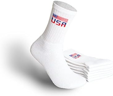 Wynford Men's Athletic Crew Socks - White with Red USA flag - Size 10-13, Fits Shoe sizes 7-12.5 (12 Pairs, White)
