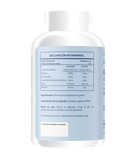 Wellthy Glicinato de Magnesio 400 Cápsulas 432mg. 100% Natural, 100% Puro, Alta Absorción, Cápsulas Veganas.