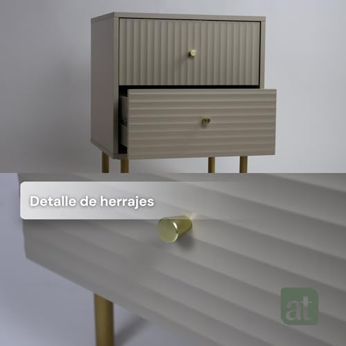 ALTALIA DECO HOME Buró para Recamara Minimalista - Buro de Madera con 2 Cajones amplios Acanalados - Buró de Noche Moderno - Buros Mesa Auxiliar Herrajes Dorados - 48x40x58 cm (Gris) (Gris)