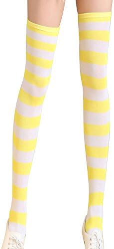 Mystylees Womens Wide Stripes Stockings Over Knee High Striped Socks Yellow White
